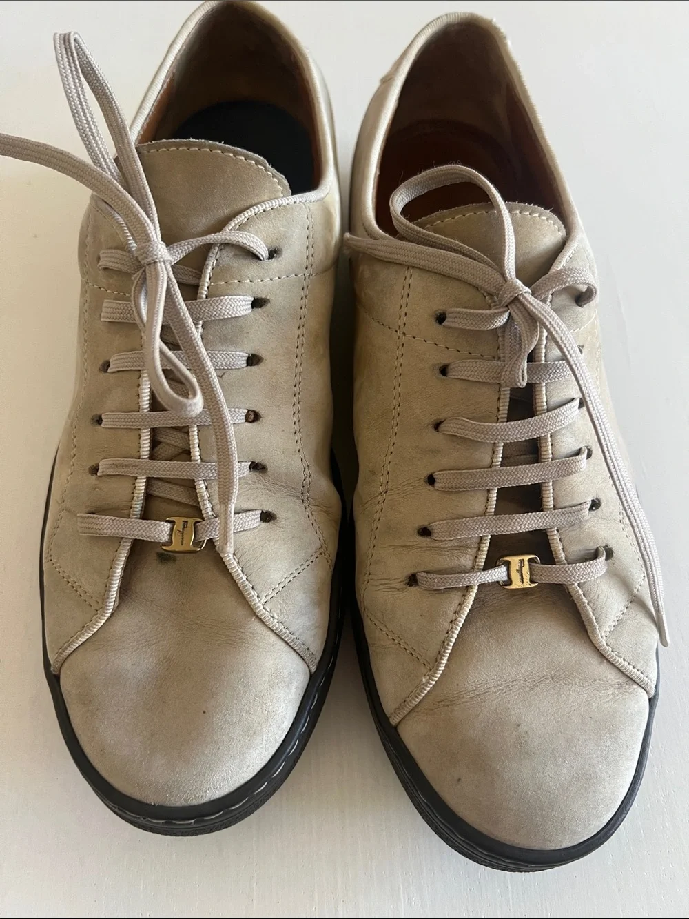 Salvatore Ferragamo Taupe Suede Sneakers with Gold Logo Accent
